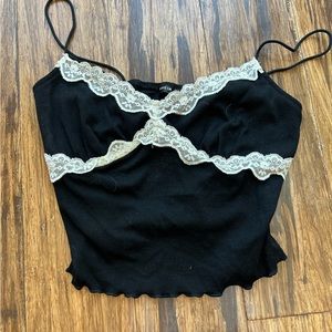 Black Crop Top with White Lace Size: M